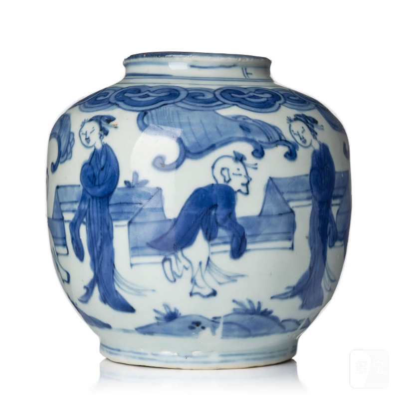 A blue and white 'boys at play' jar,